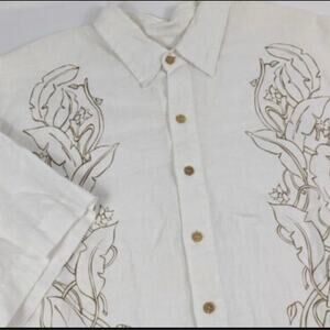 Men’s Bohio 100% Linen White & Brown Miami Button Down Shirt Size Large